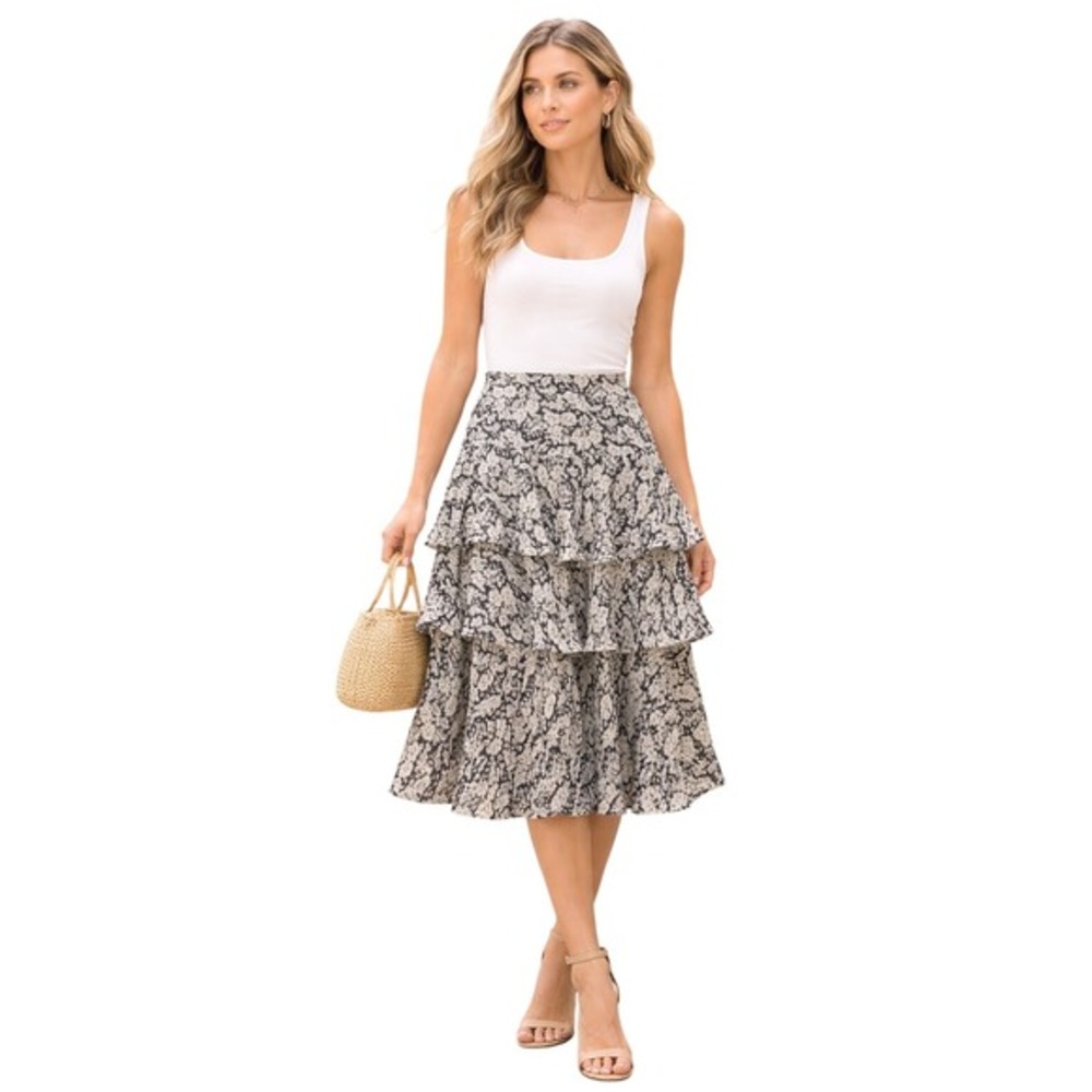 Lauren Ralph Lauren Floral Tiered Ruffle Skirt Black White‎ S Cottagecore 80-75